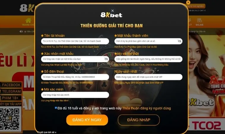 Hướng Dẫn Đăng Ký 8KBet Nhanh Chóng Trong Vài Bước Đơn Giản 2 Giao diện đăng ký 8KBet