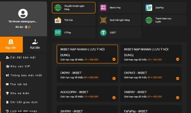Hướng Dẫn Nạp Tiền 8KBet: Quy Trình Chi Tiết, An Toàn, Nhanh Chóng 2 Giao diện nạp tiền 8KBet